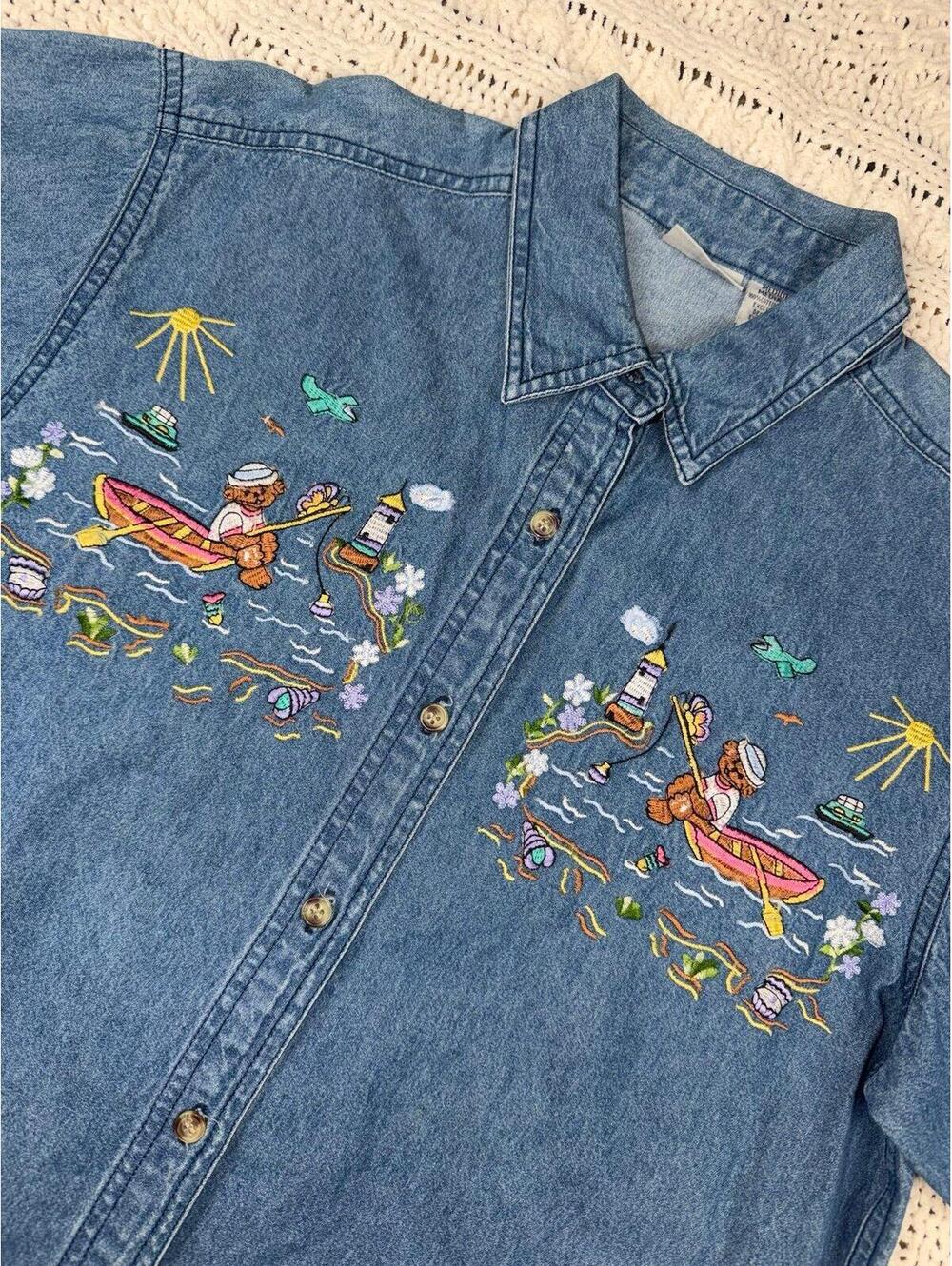 VTG Cabin Creek Women’s Denim Embroidered Shirt Teddy Bears Fishing Art Sz M
